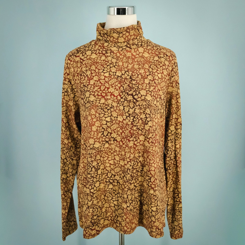 Peruvian Connection Size XL Plum Mille Fleur Floral Leaf Print Turtleneck Top